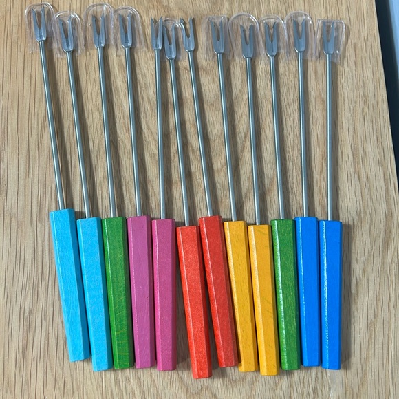 Crate & Barrel Colorful Wooden Handle S / 6 Fondue Forks set of 6 -12 - Picture 2 of 9